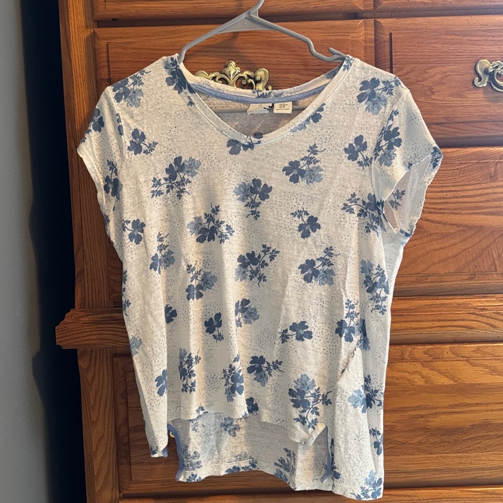 Joie White & Blue Floral 100% Linen Tee Shirt Women's Size Medium